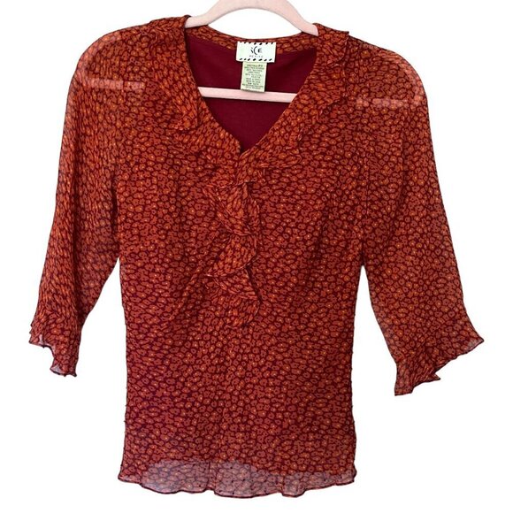 Ice Womens Silk Blouse Size PS Orange Floral Phoebe Buffay Ruffle 90s Romantic - Picture 1 of 11